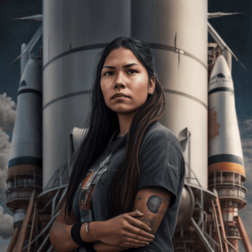 Native American in front of rocket ship